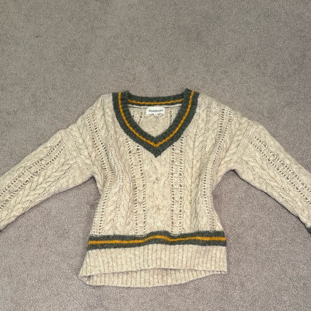 Heartloom Cream V-Neck Sweater with Green and Gold Trim